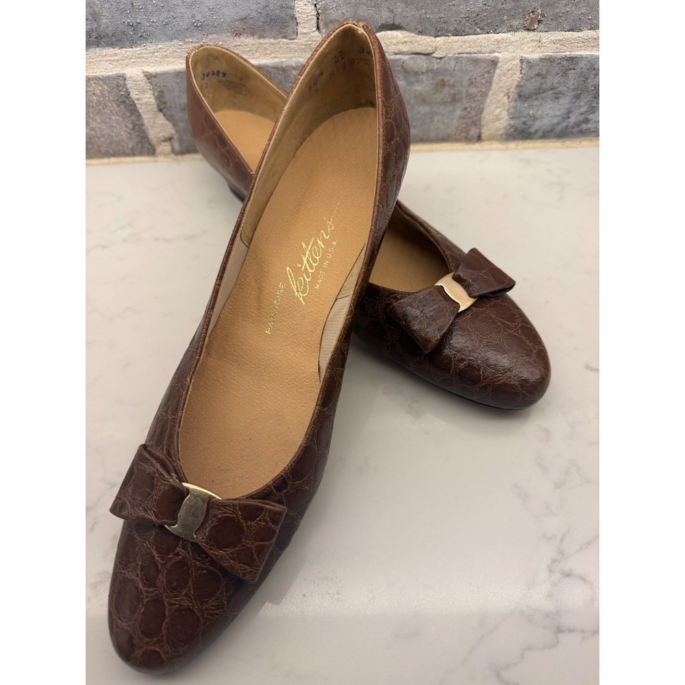 Paradise Kittens Brown Croc Embossed Leather Bow Pumps Low Block Heel 10.5 4A